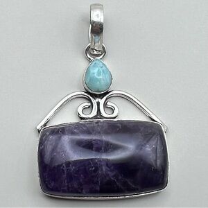 New Larimar w Amethyst Crystal Stone Sterling Silver Overlay Pendant Necklace
